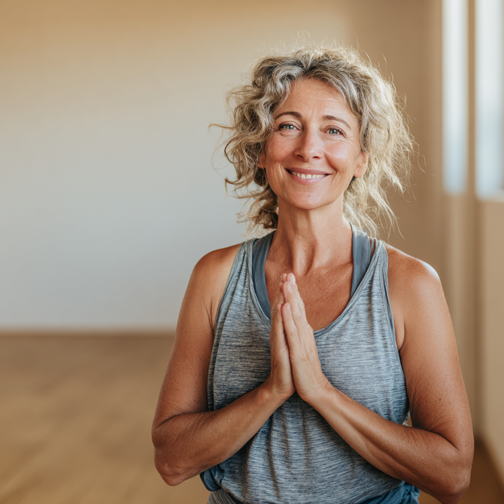 Welcoming European middle-aged woman yoga instructor in peaceful studio environment ready to help